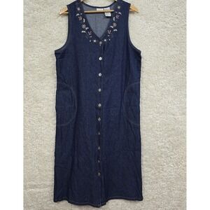 Vintage White Stag Women's Denim Dress Size Large Embroidered Western Modest